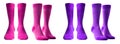2 Set of magenta purple pink, front side view blank plain socks on transparent background, PNG