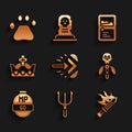 Set Magic arrow, Neptune Trident, Sword for game, staff, Video bar, King crown, Card collection and Bear paw footprint