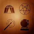 Set Magic ball, Circus tent, Magic wand and Pentagram in a circle on wooden background. Vector