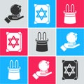 Set Magic ball on hand, Ancient magic book and Magician hat and rabbit ears icon. Vector