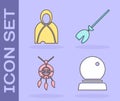 Set Magic ball, Mantle, cloak, cape, Dream catcher with feathers and Witches broom icon. Vector