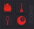 Set Magic ball of predictions, Witch cauldron, Witches broom and Magic hand mirror icon. Vector Royalty Free Stock Photo