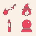 Set Magic ball, Spell, Witch and Bottle with love potion icon. Vector Royalty Free Stock Photo