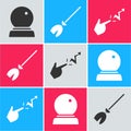 Set Magic ball, Witches broom and Spell icon. Vector