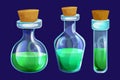 Set Magic Bottles with liquid potion elixir lab game icon in cartoon style isolated on white background. Glass jar Royalty Free Stock Photo