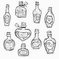 Set of magic cartoon bottles and love potions. Monochrome illustration. Magic elixir hand drawn collection Royalty Free Stock Photo