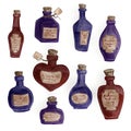 Set of magic cartoon bottles and love potions. Watercolor illustration. Magic elixir hand drawn collection Royalty Free Stock Photo