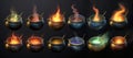 Set of magic cauldrons filled with burning potions of different colors, over dark background. Generative AI illustrations