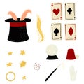 Set magic elements isolated on white background. Cartoon hat, rabbit, star, ring, cards, ball, thimble, magic wand, confetti hand Royalty Free Stock Photo