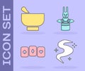 Set Magic fog or smoke, Magic mortar and pestle, Playing cards and Magician hat and rabbit icon. Vector Royalty Free Stock Photo