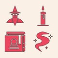 Set Magic fog or smoke, Wizard warlock, Burning candle in candlestick and Ancient magic book icon. Vector Royalty Free Stock Photo