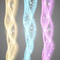 Set of magic glowing spark swirl trail effect isolated on transparent background. Bokeh glitter wave line with flying Royalty Free Stock Photo