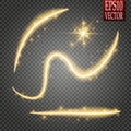 Set of magic glowing spark swirl trail effect isolated on transparent background. Bokeh glitter wave line with flying Royalty Free Stock Photo