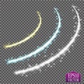 Set of magic glowing spark swirl trail effect isolated on transparent background. Bokeh glitter wave line with flying Royalty Free Stock Photo