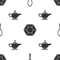 Set Magic hand mirror, Magic stone and Magic lamp or Aladdin on seamless pattern. Vector Royalty Free Stock Photo