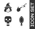 Set Magic hand mirror, Witch, Skull and Spell icon. Vector Royalty Free Stock Photo