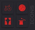 Set Magic hat and wand, Vintage bicycle, Beach ball and Circus curtain raises icon. Vector Royalty Free Stock Photo