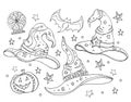 Set with magic hats.Black and white vector illustration of a witch hats,broomstick,crystal ball . Halloween set