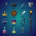 Legendary asset. Set of magic items and resource for computer fantasy game. Isolated cartoon icons set. Royalty Free Stock Photo