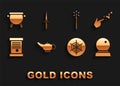 Set Magic lamp or Aladdin, Spell, ball, Spider web, Decree, paper, parchment, scroll, wand, Witch cauldron and Dagger