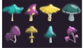 Set of magic luminous mushrooms of different unusual colors: yellow, purple, turquoise