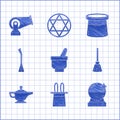 Set Magic mortar and pestle, Magician hat rabbit ears, ball, Witches broom, lamp Aladdin, and Cannon icon. Vector Royalty Free Stock Photo