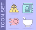 Set Magic mortar and pestle, Masons, Fireball and Ancient magic book icon. Vector