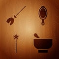 Set Magic mortar and pestle, Witches broom, Magic wand and Magic hand mirror on wooden background. Vector Royalty Free Stock Photo