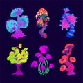 A set of magic mushrooms. Collection of a variety of fabulous mushroom plants. Fantastic alien plants of different