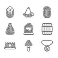 Set Magic rune, Mushroom, Necklace with gem, Wooden barrel, King crown, Old money bag, and Viking head icon. Vector