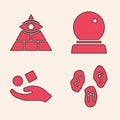 Set Magic runes, Masons, Magic ball and Cube levitating above hand icon. Vector