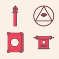 Set Magic scroll, Magic staff, Masons and Ancient magic book icon. Vector