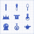 Set Magic scroll, Unicycle or one wheel bicycle, lamp Aladdin, Bottle with love potion, ball, Crown, hand mirror and