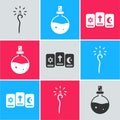 Set Magic staff, Bottle with love potion and Three tarot cards icon. Vector