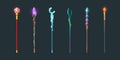 Set of magic staff, walk sticks or wands with gems