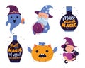 The set of magic stickers with text. The cartoon ghost, wizard, witch, pumpkin, bat