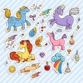 Set of magic stickers with unicorns, wings and potions.