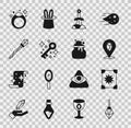 Set Magic stone, Ancient magic book, Sword in the, Old key, staff, ring and Witch cauldron icon. Vector Royalty Free Stock Photo