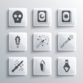 Set Magic stone, Bottle with potion, staff, wand, sword in fire, Skull and Tarot cards icon. Vector