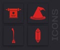 Set Magic stone, Magic scroll, Witch hat and Witches broom icon. Vector Royalty Free Stock Photo