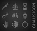 Set Magic stone, Moon, Ouroboros, Ringing alarm bell, Hamsa hand, Old key, hourglass with sand and Dagger icon. Vector