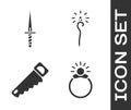 Set Magic stone ring with gem, Dagger, Hand saw and Magic staff icon. Vector Royalty Free Stock Photo