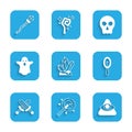 Set Magic stone, wand, All-seeing eye of God, hand mirror, Crossed medieval sword, Ghost, Skull and staff icon. Vector