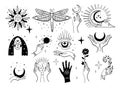 Set of magic symbols, witch tattoos. Crescent moon, sun with face, hands with plants, magic ball and stars. Black linear Royalty Free Stock Photo