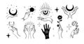 Set of magic symbols, witches tattoos. Crescent moon, hands with plants, magic ball, planets. Black linear sketch, boho design,