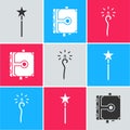 Set Magic wand, Ancient magic book and Magic staff icon. Vector Royalty Free Stock Photo