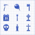 Set Magic wand, Burning candle, Tombstone with cross, Skull, Calendar Halloween date 31 october, Wooden axe and Scythe