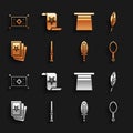 Set Magic wand, feather, hand mirror, sword in fire, Three tarot cards, hat, carpet and Ancient magic book icon. Vector