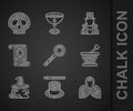 Set Magic wand, hat, Mantle, cloak, cape, Mortar pestle, Witch, scroll, Magician and Skull icon. Vector Royalty Free Stock Photo