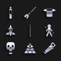 Set Magic wand, Masons, Hand saw, Voodoo doll, Skull, Wizard warlock, Magician hat and Bottle with love potion icon